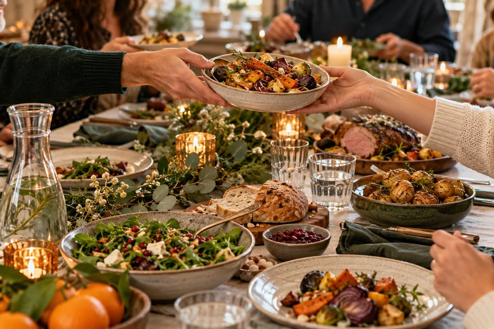 Festive table with vegetables, shared dishes and a water carafe