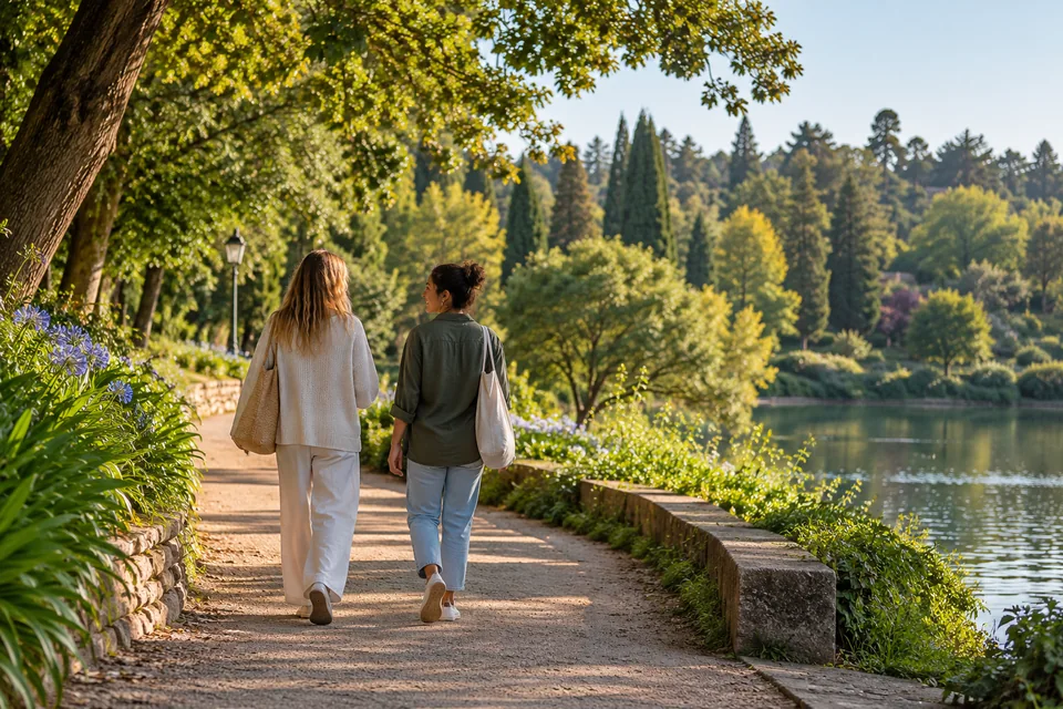 Friends walking together on a green park path