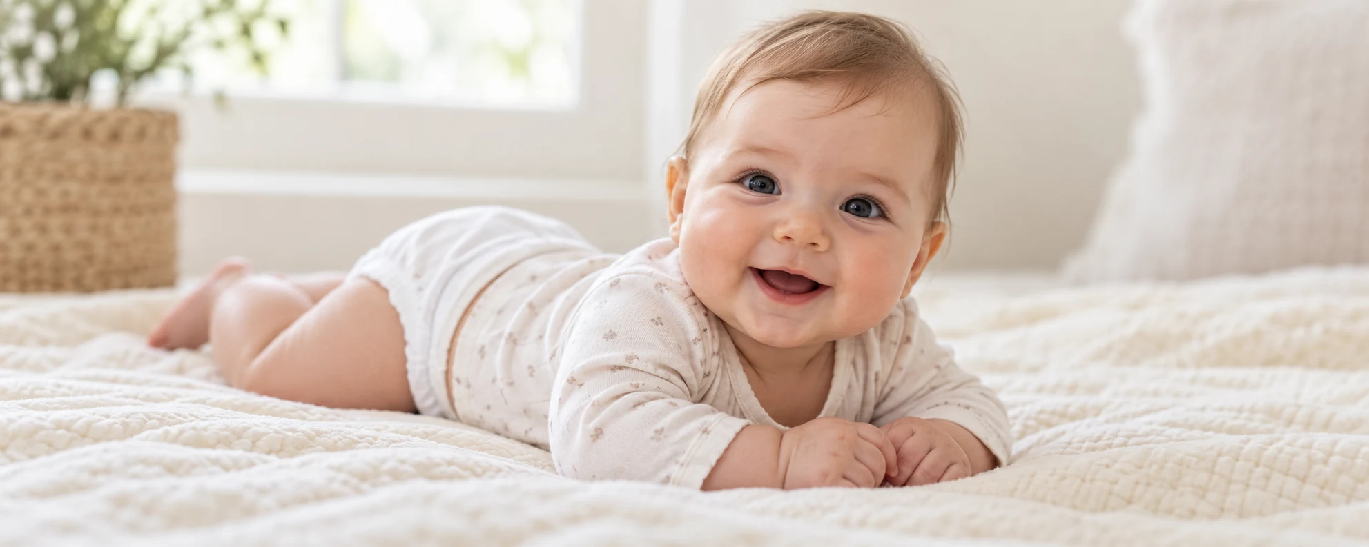 Baby in a pale outfit on a blanket